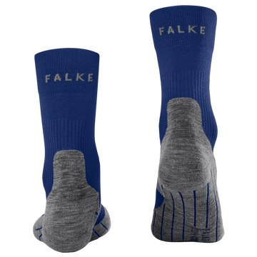 A pair of blue and gray athletic crew socks shown from the back, featuring the brand name 'FALKE' in light gray on the ribbed cuffs, with a heather gray knit heel, toe, and sole area.