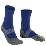 A pair of crew-length athletic socks in royal blue and heather gray, featuring a textured striped pattern on the heel and toe, shown against a plain white background.