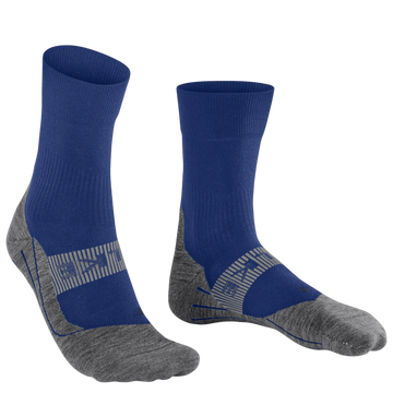 A pair of crew-length athletic socks in royal blue and heather gray, featuring a textured striped pattern on the heel and toe, shown against a plain white background.