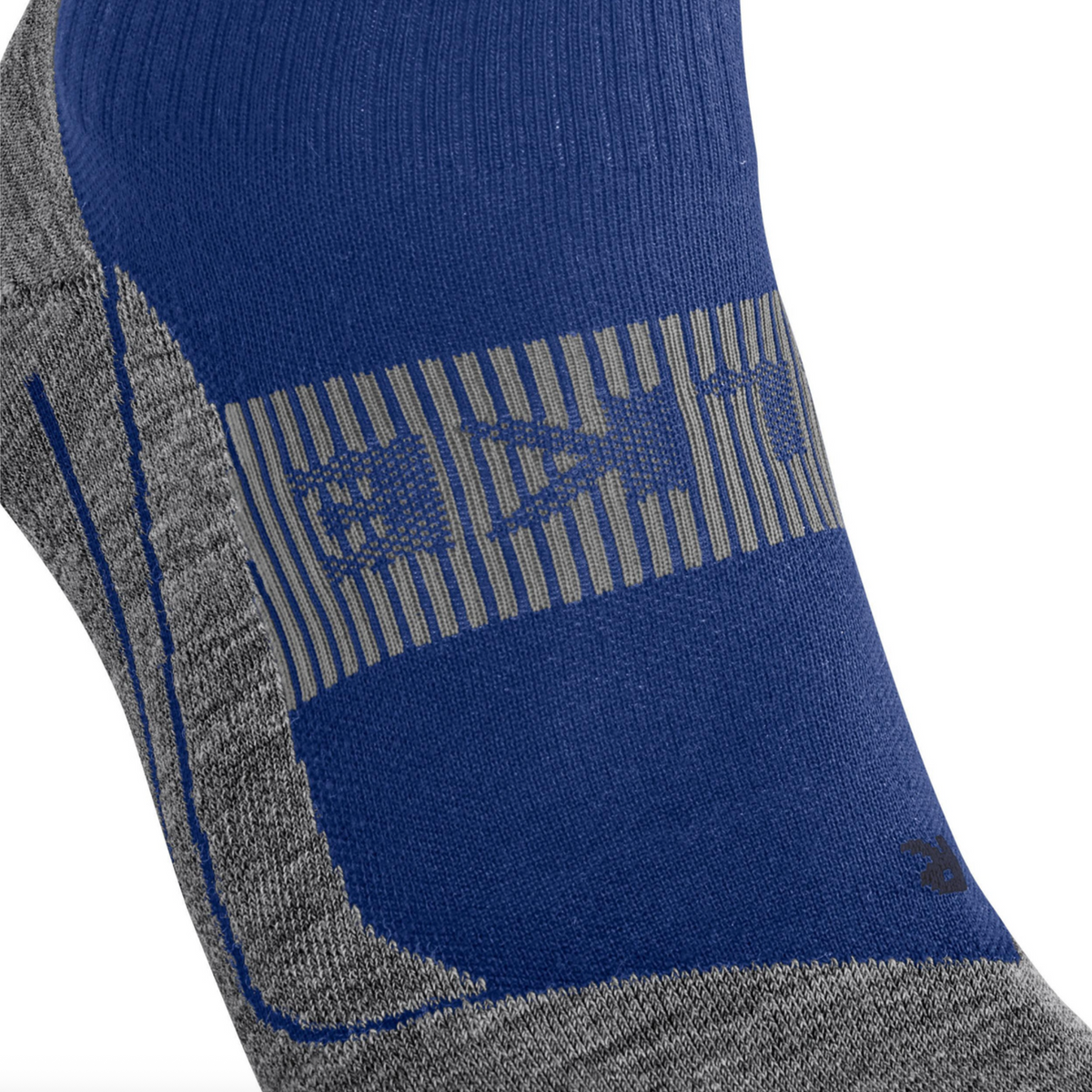 Close-up of a blue and gray athletic sock with a striped logo band and blue piping details, shown against a white background.