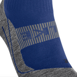 Close-up of a blue and gray athletic sock with a striped logo band and blue piping details, shown against a white background.