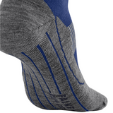 A close-up of a low-cut athletic sock in heather gray with blue ribbed panels and striped compression-style detailing on the sole, shown against a plain white background.